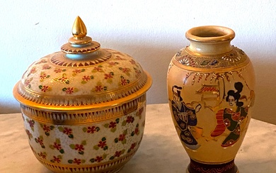 A Thai Benjarong Porcelain Box & a Japanese Satsuma Bud Vase Depicting Floral Enamels