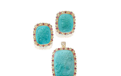 A Turquoise, Ruby and Diamond Pendant/Brooch and Earring Suite,, by Wallace Chan