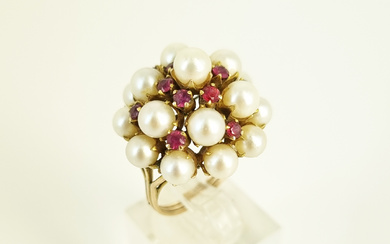 A VINTAGE 9ct ROSE GOLD CULTURED PEARL AND RUBY CLUSTER RING