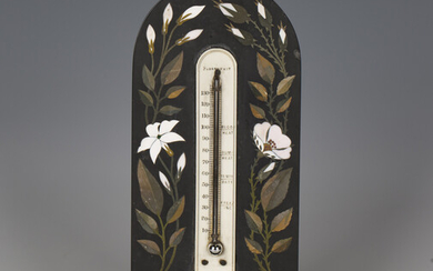 A Victorian Derbyshire slate and hardstone inlaid desk thermometer with ivory scale, height 21.5cm.