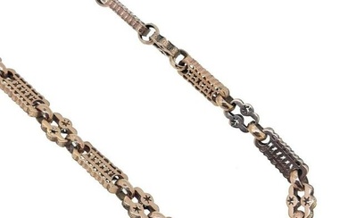 A Victorian fancy link chain, pierced bevelled rectangular and square links with engraved borders
