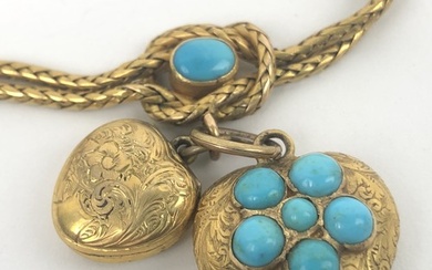 A Victorian yellow coloured metal and turquoise bracelet, in...