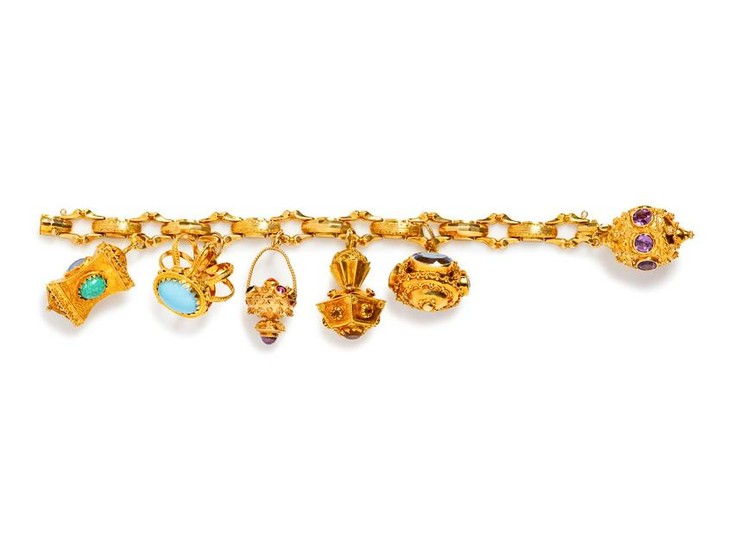 A Yellow Gold and Gemstone Charm Bracelet