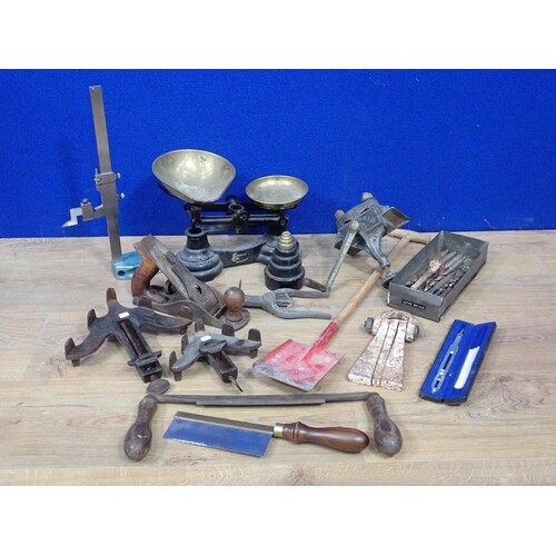 A box of Tools and metal ware including Scales, Stanley Plan...