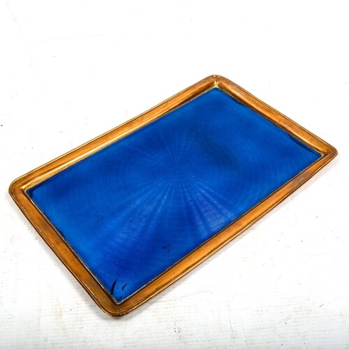 A brass and blue guilloche enamel dressing table tray, 30cm ...