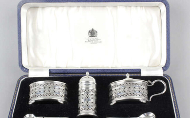 A cased mid-20th century silver three piece condiment set, by Mappin & Webb.