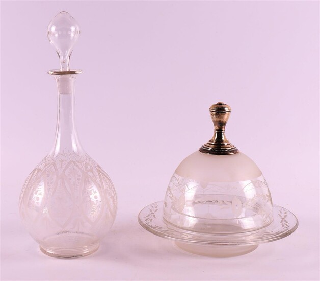 (-), A clear crystal butter dish with silver...