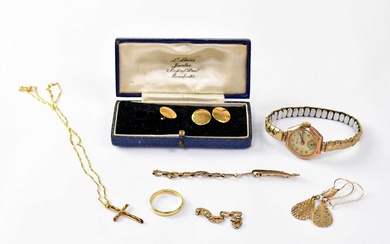 A collection of gold and yellow metal jewellery comprising three...