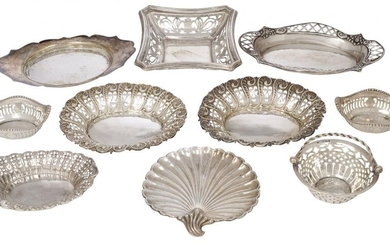 A collection of nine silver bonbon dishes, various shapes, sizes,...