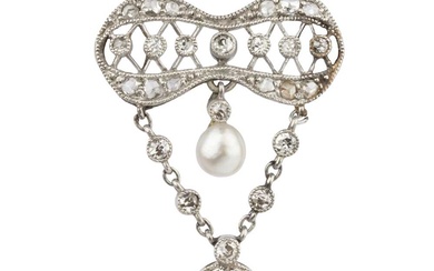 A diamond and pearl brooch, the shaped openwork panel suspending...