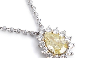 A diamond necklace set with a pear-shaped brilliant-cut natural fancy yellow diamond weighing 1.02 ct. encircled by numerous brilliant-cut diamonds weighing a total of app. 0.34 ct., mounted in 18k white gold and gold. Colour: Top Wesselton (F-G)...