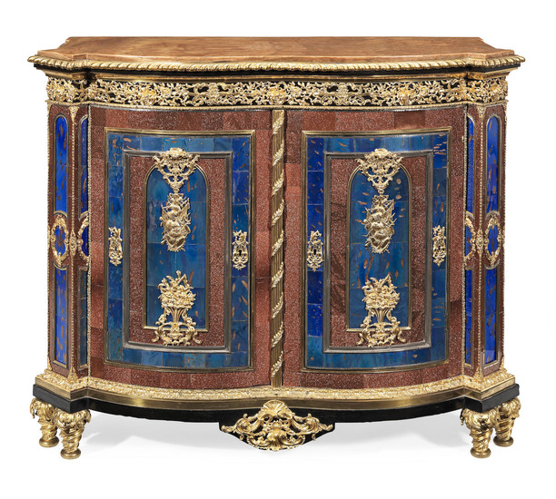 A gilt bronze, silvered metal, aventurine glass and blue coloured glass mounted ebony and ebonised side cabinet