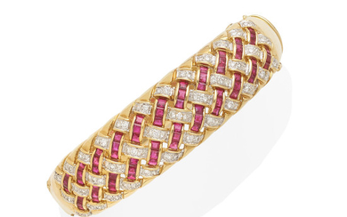 A gold, Ruby and Diamond basket weave bracelet