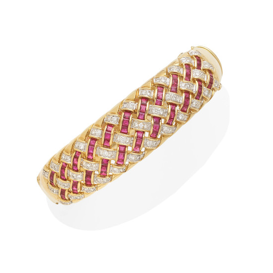 A gold, Ruby and Diamond basket weave bracelet