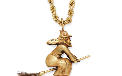 A gold witch pendant on 14K gold rope chain
