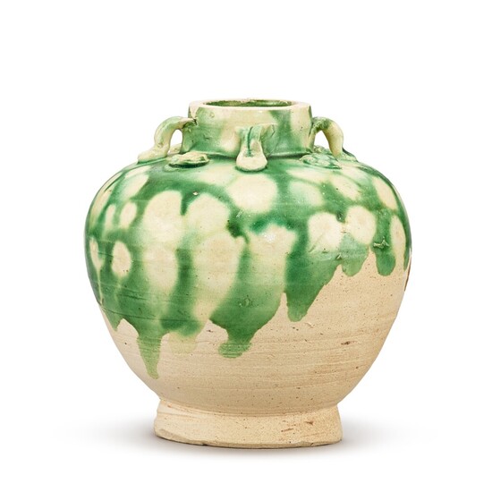 A green-splashed appliqué-decorated jarlet, Tang dynasty 唐 綠釉貼花四繫小罐