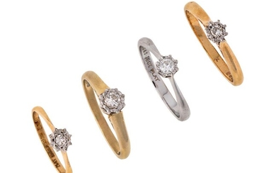 A group of four diamond single stone rings, each claw set with a brilliant-cut diamond, ring sizes O, O, O 1/2 and I