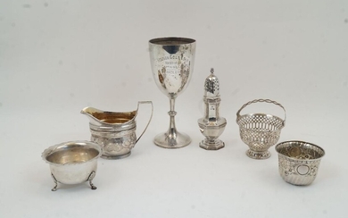 A group of silver, including: a George III cream jug, London, 1804, rubbed makers marks, with engraved floral bands and repousse scrolling foliate decoration, 11cm high; a sugar caster, Chester, 1908, possibly John Round & Son Ltd, with octagonal...