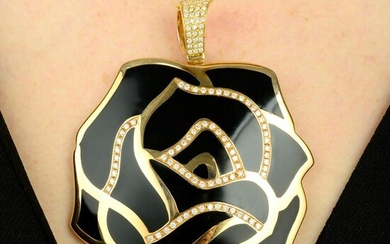 A large black enamel and pave-set diamond rose pendant