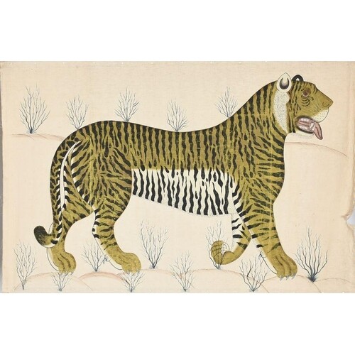 A large cotton panel painted with a tiger, walking in a barr...
