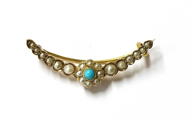 A late Victorian gold turquoise and split pearl open crescent brooch