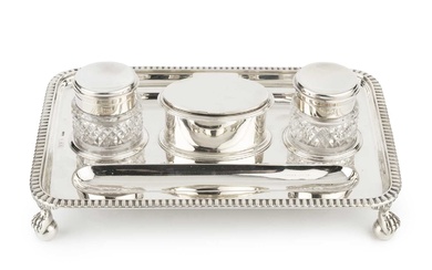 A late Victorian silver inkstand, of rectangular gadrooned form, having...