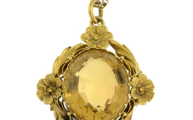 A mid 19th century gold citrine floral pendant, with a similar age 9ct gold chain.