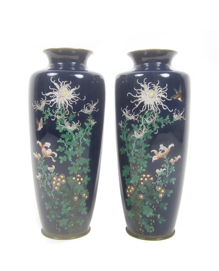 A mirrored pair of cloisonné-enamel vases