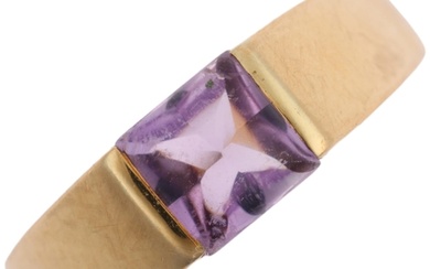 A modern 18ct gold amethyst tank style ring, set with square...