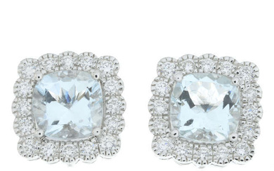A pair of 18ct gold aquamarine and brilliant-cut diamond square-shape cluster earrings.