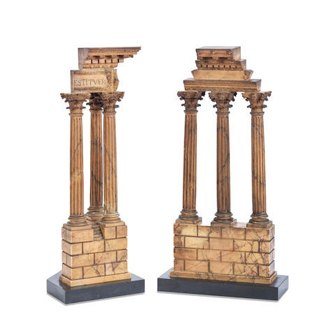 A pair of 19th century Italian 'Grand Tour' carved Siena marble models of the Temple of Vespasianus and the Temple of Castor and Pollux