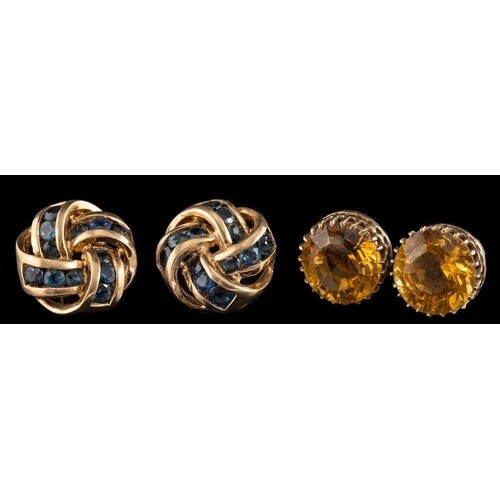 A pair of 9 carat gold sapphire earrings,: the knotted panel...