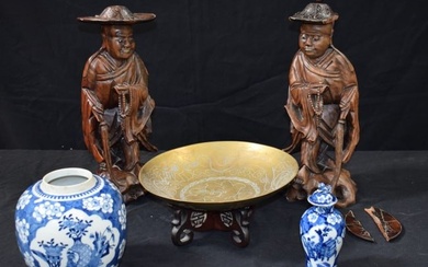 A pair of Chinese Carved hardwood figures together with a Porcelain blue and white Ginger Jar, Chine