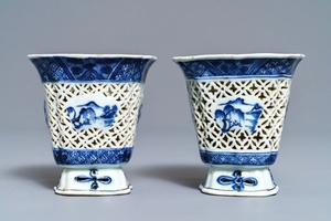 A pair of Chinese blue and white reticulated doubl…