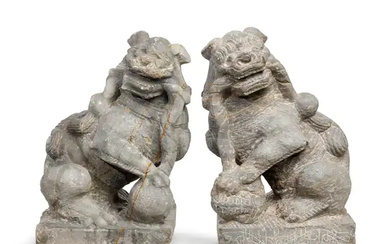 A pair of Chinese limestone figures of lions Late Qing dynasty Carved...