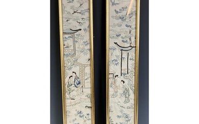 A pair of Chinese silk embroidered panels, decorated figures...