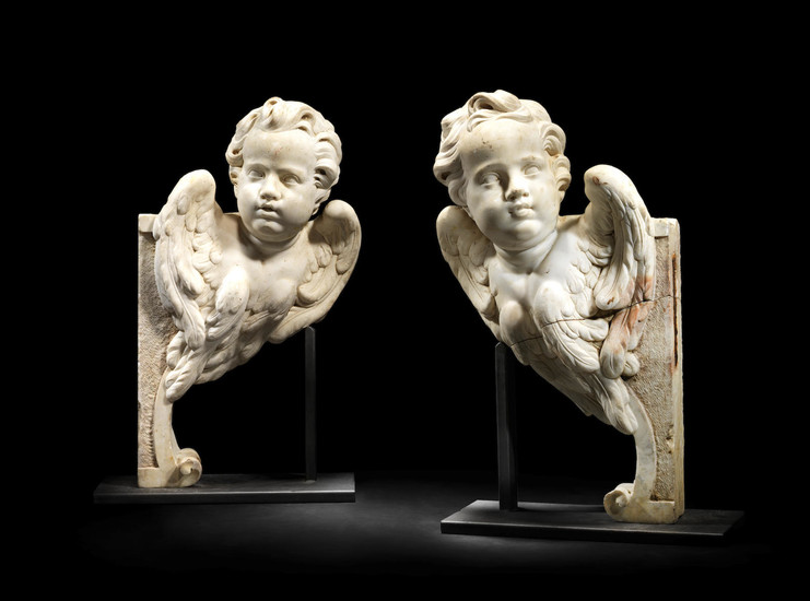 A pair of Italian 18th century white marble angels