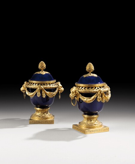 A pair of Louis XVI style gilt-bronze mounted Sèvres porcelain pot-pourri vases with blue ground, after a model by Jean Dulac