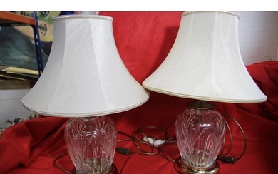 A pair of Waterford Crystal table lamps with brass bases and...