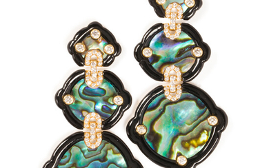 A pair of abalone shell, black chalcedony, diamond and eighteen karat gold pendant earrings