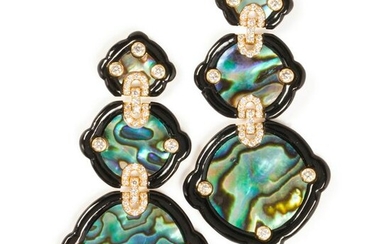 A pair of abalone shell, black chalcedony, diamond and