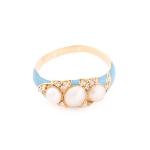 A pearl and diamond enamel ring, comprises three off-round s...