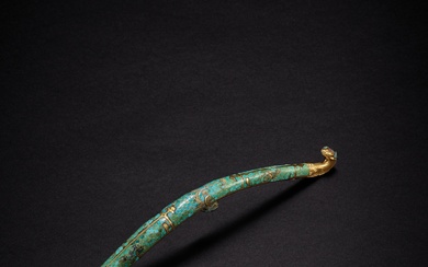 A rare gold, silver and turquoise-inlaid bronze garment hook, Eastern...