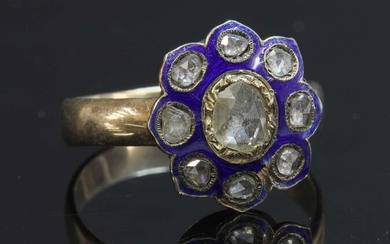 A rose cut diamond and enamel cluster