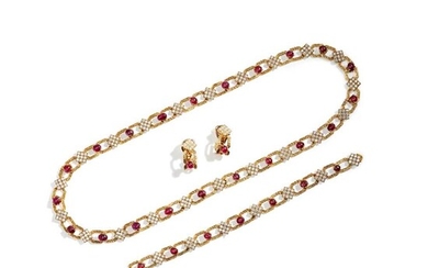 A ruby and diamond-set necklace, bracelet and pair of earrings, by M. Gerard, 1970s
