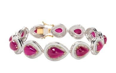 A ruby, diamond, enamel and silver bracelet
