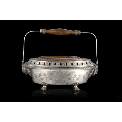 A silver warmer ciphered "FF" with wooden handle. Rome, early 19th century (cm 30x14x18) (g lordi 1350)