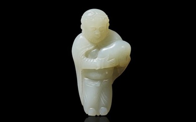 A small Chinese carved pale celadon jade figure of a foreigner 青白玉雕