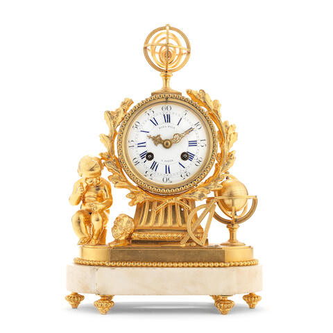 A small late 18th Century French gilt bronze figural mantel clock the dial signed Noel Fils, A Paris
