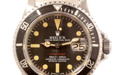 A stainless steel Rolex Oyster Perpetual Date 'Red Writing' Submariner bracelet watch